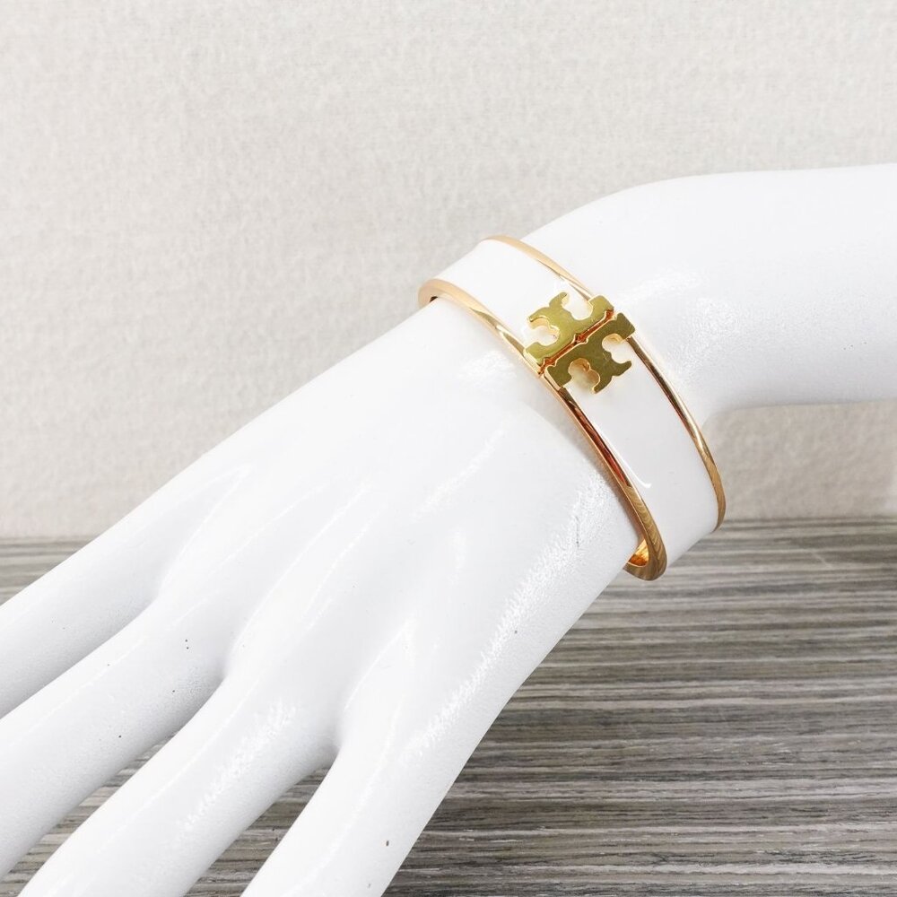 Tory Burch Enameled Kira Logo Hinged Bracelet Gold/ Ivory OS - Picture 7 of 10